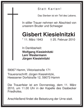 Traueranzeige von Gisbert Kiesielnitzki von WESTFÄLISCHER ANZEIGER