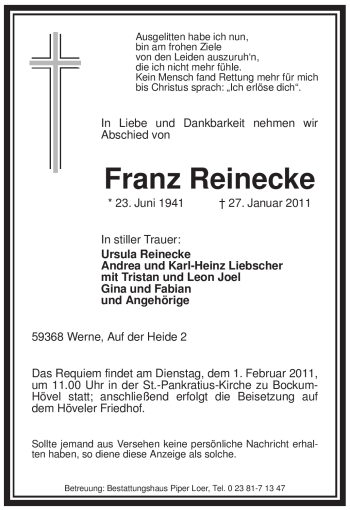 Traueranzeige von Franz Reinecke von WESTFÄLISCHER ANZEIGER