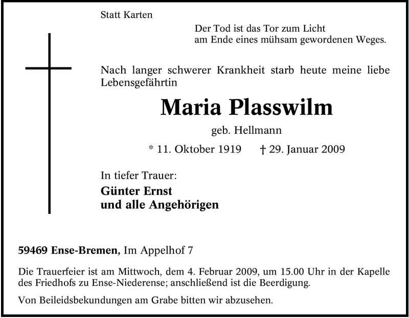  Traueranzeige für Maria Plasswilm vom 31.01.2009 aus WESTFÄLISCHER ANZEIGER
