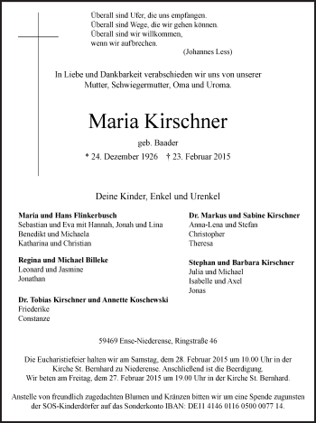 Traueranzeige von Maria Kirschner von MZV