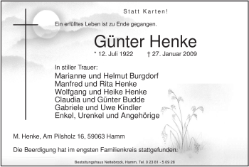 Traueranzeige von Günter Henke von WESTFÄLISCHER ANZEIGER