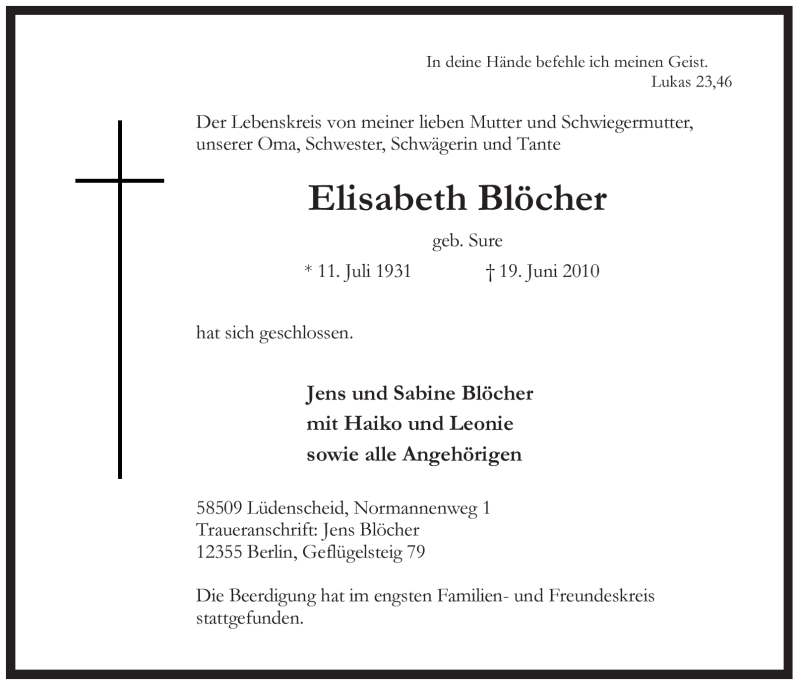  Traueranzeige für Elisabeth Blöcher vom 03.07.2010 aus WESTFÄLISCHER ANZEIGER
