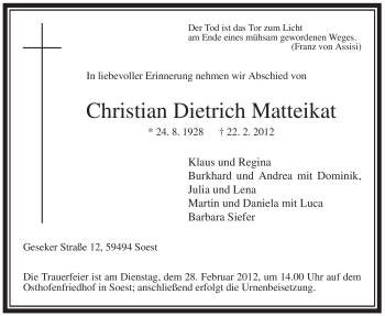 Traueranzeige von Christian Dietrich Matteikat von WESTFÄLISCHER ANZEIGER