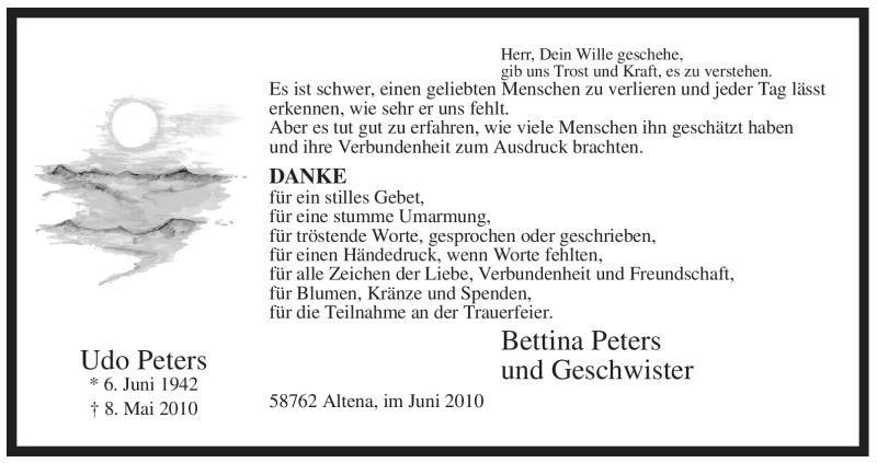  Traueranzeige für Udo Peters vom 05.06.2010 aus WESTFÄLISCHER ANZEIGER