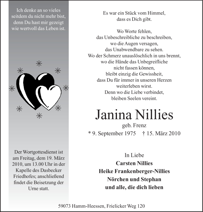  Traueranzeige für Janina Nillies vom 17.03.2010 aus WESTFÄLISCHER ANZEIGER