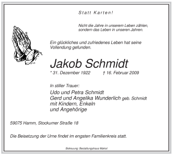 Traueranzeige von Jakob Schmidt von WESTFÄLISCHER ANZEIGER
