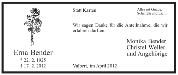 Traueranzeige von Erna Bender von WESTFÄLISCHER ANZEIGER