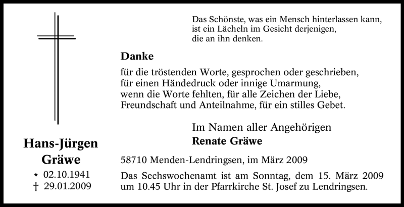  Traueranzeige für Hans-Jürgen Gräwe vom 07.03.2009 aus WESTFÄLISCHER ANZEIGER