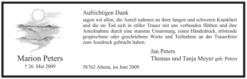  Traueranzeige für Marion Peters vom 20.06.2009 aus WESTFÄLISCHER ANZEIGER