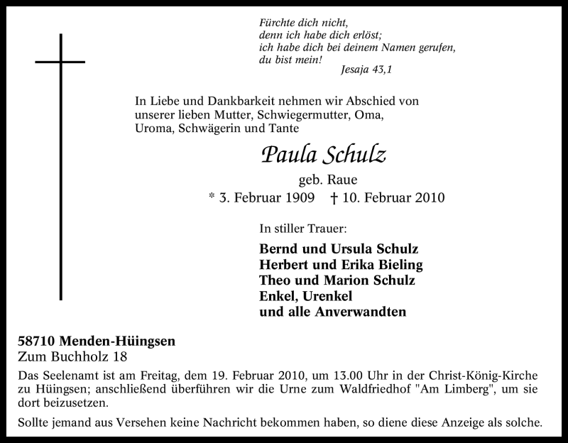  Traueranzeige für Paula Schulz vom 15.02.2010 aus WESTFÄLISCHER ANZEIGER