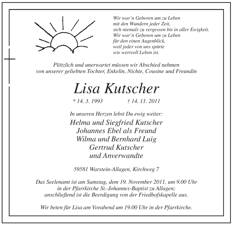  Traueranzeige für Lisa Kutscher vom 17.11.2011 aus WESTFÄLISCHER ANZEIGER