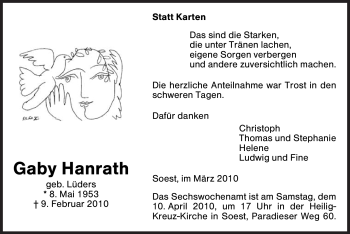 Traueranzeige von Gaby Hanrath von WESTFÄLISCHER ANZEIGER
