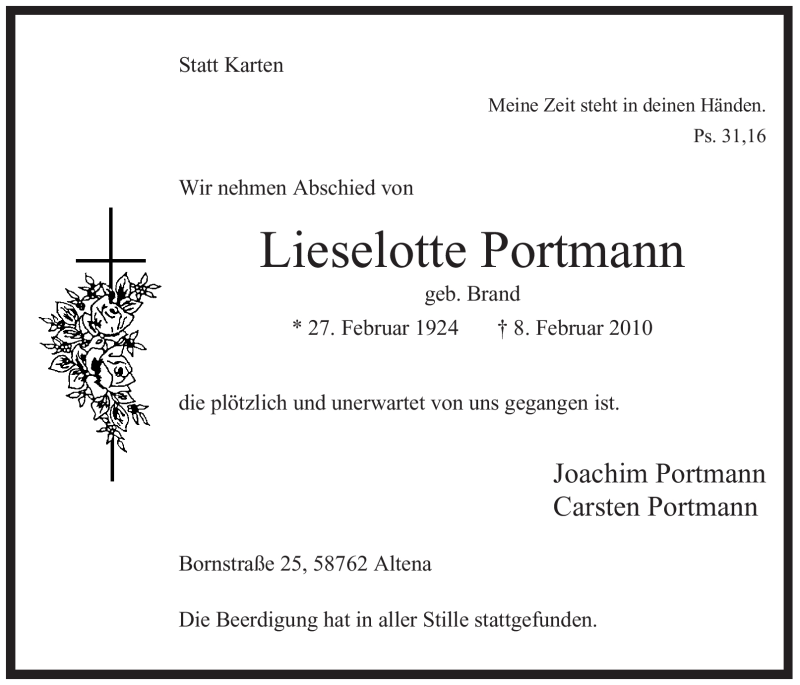  Traueranzeige für Lieselotte Portmann vom 13.02.2010 aus WESTFÄLISCHER ANZEIGER