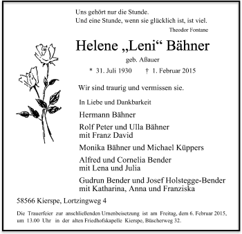 Traueranzeige von Helene Bähner von MZV