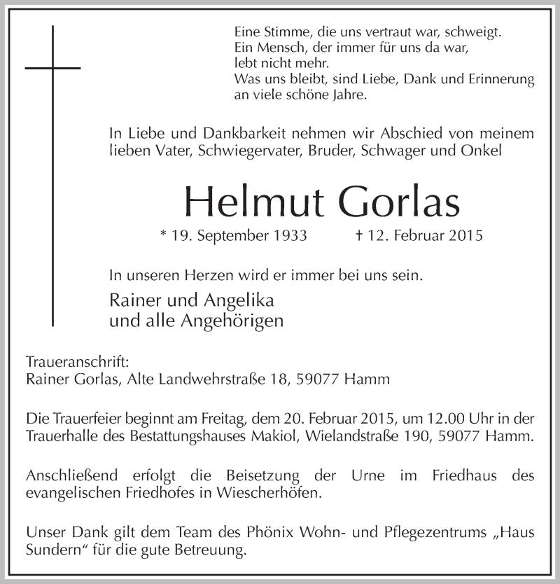  Traueranzeige für Helmut Gorlas vom 17.02.2015 aus MZV