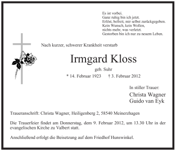 Traueranzeige von Irmgard Kloss von WESTFÄLISCHER ANZEIGER
