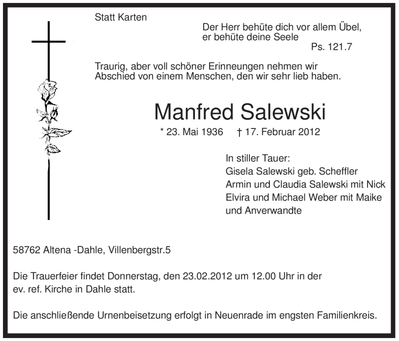  Traueranzeige für Manfred Salewski vom 21.02.2012 aus WESTFÄLISCHER ANZEIGER