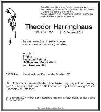 Traueranzeige von Theodor Harringhaus von WESTFÄLISCHER ANZEIGER