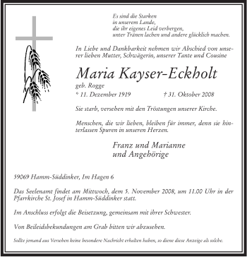 Traueranzeige von Maria Kayser-Eckholt von WESTFÄLISCHER ANZEIGER