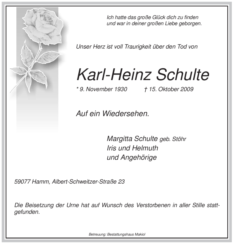  Traueranzeige für Karl-Heinz Schulte vom 24.10.2009 aus WESTFÄLISCHER ANZEIGER