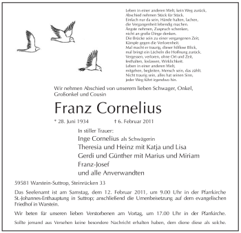 Traueranzeige von Franz Cornelius von WESTFÄLISCHER ANZEIGER