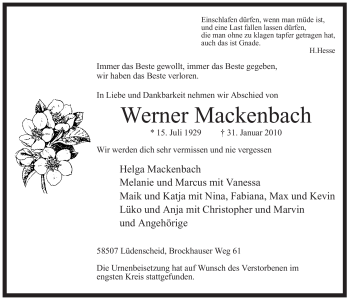Traueranzeige von Werner Mackenbach von WESTFÄLISCHER ANZEIGER