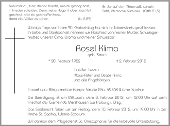 Traueranzeige von Rosel Klima von WESTFÄLISCHER ANZEIGER