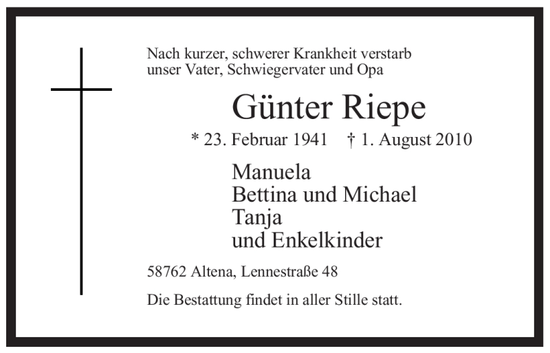  Traueranzeige für Günter Riepe vom 04.08.2010 aus WESTFÄLISCHER ANZEIGER