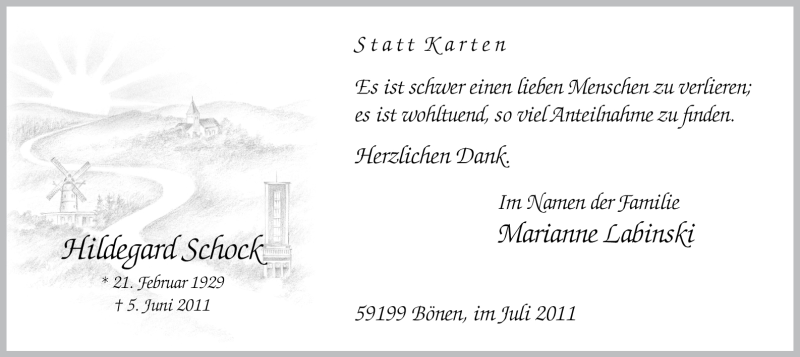  Traueranzeige für Hildegard Schock vom 06.07.2011 aus WESTFÄLISCHER ANZEIGER