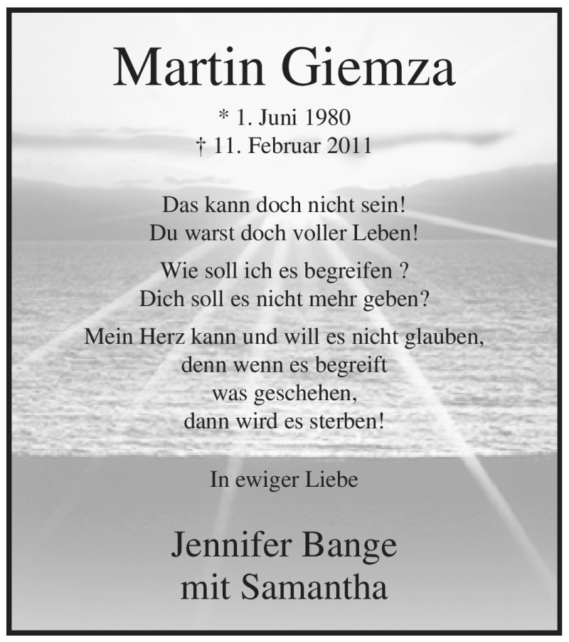  Traueranzeige für Martin Giemza vom 16.02.2011 aus WESTFÄLISCHER ANZEIGER