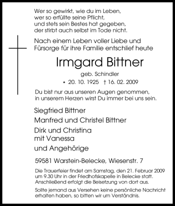 Traueranzeige von Irmgard Bittner von WESTFÄLISCHER ANZEIGER