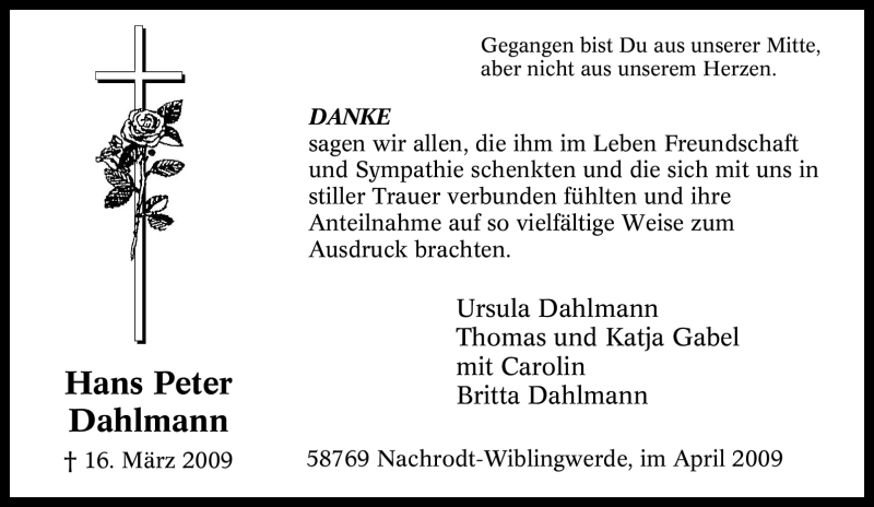  Traueranzeige für Hans Peter Dahlmann vom 22.04.2009 aus WESTFÄLISCHER ANZEIGER