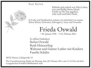 Traueranzeige von Frieda Oswald von WESTFÄLISCHER ANZEIGER