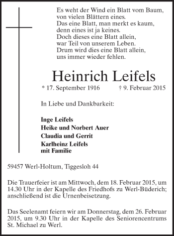 Traueranzeige von Heinrich Leifels von MZV