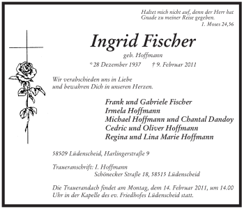 Traueranzeige von Ingrid Fischer von WESTFÄLISCHER ANZEIGER