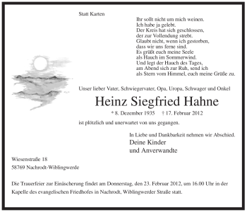 Traueranzeige von Heinz Siegfried Hahne von WESTFÄLISCHER ANZEIGER