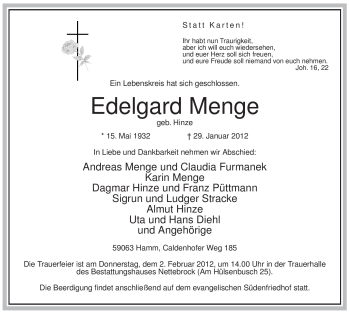 Traueranzeige von Edelgard Menge von WESTFÄLISCHER ANZEIGER