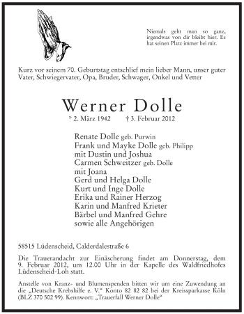 Traueranzeige von Werner Dolle von WESTFÄLISCHER ANZEIGER