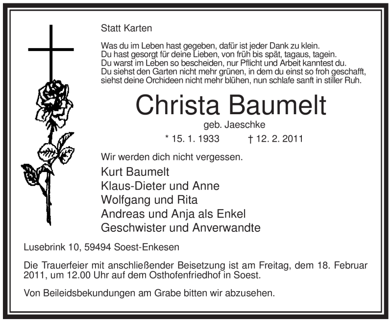  Traueranzeige für Christa Baumelt vom 16.02.2011 aus WESTFÄLISCHER ANZEIGER