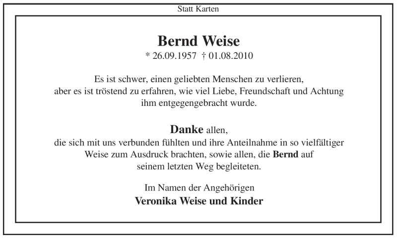  Traueranzeige für Bernd Weise vom 21.08.2010 aus WESTFÄLISCHER ANZEIGER