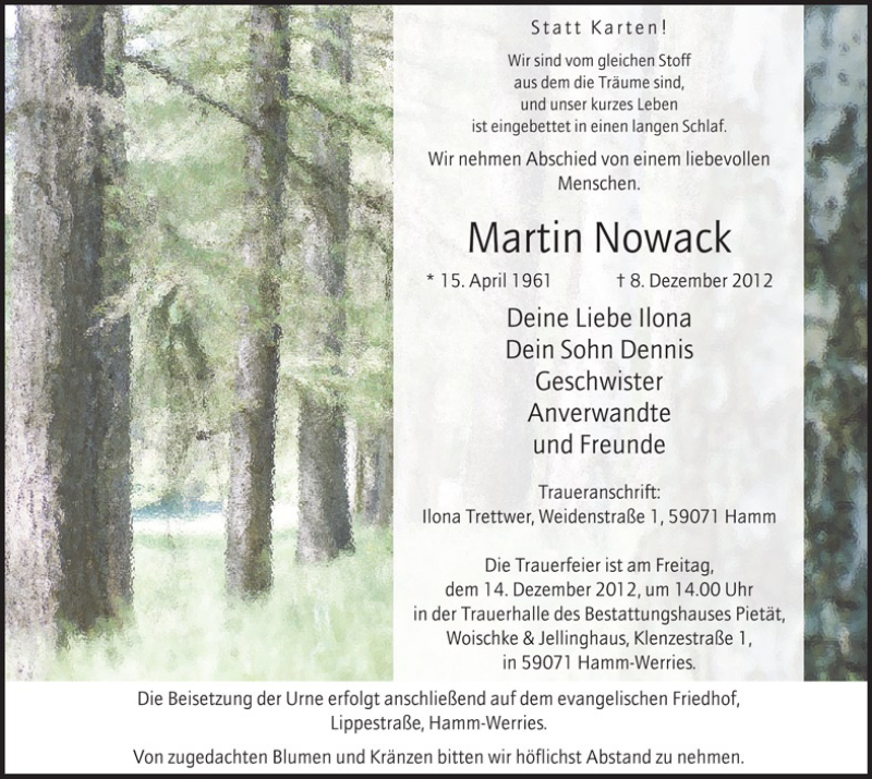  Traueranzeige für Martin Nowack vom 11.12.2012 aus Westfälischer Anzeiger
