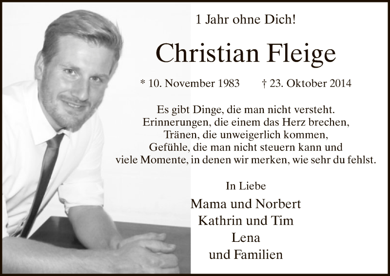  Traueranzeige für Christian Fleige vom 23.10.2015 aus MZV