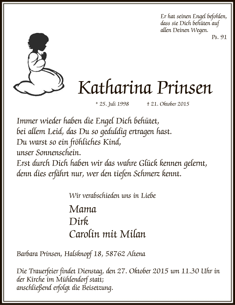  Traueranzeige für Katharina Prinsen vom 24.10.2015 aus MZV
