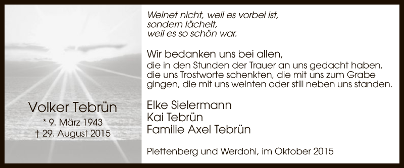  Traueranzeige für Volker Tebrün vom 10.10.2015 aus MZV