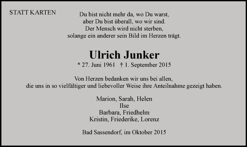  Traueranzeige für Ulrich Junker vom 10.10.2015 aus MZV