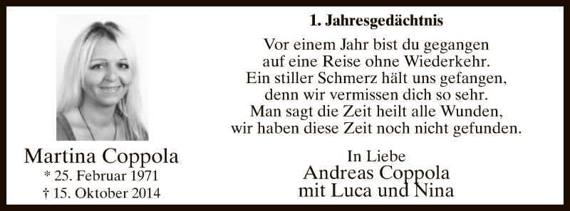  Traueranzeige für Martina Coppola vom 17.10.2015 aus MZV