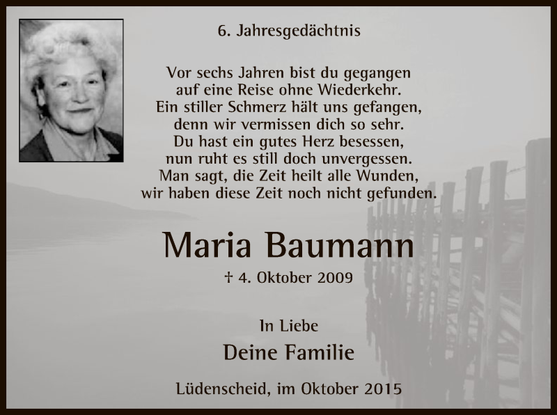  Traueranzeige für Maria Baumann vom 06.10.2015 aus MZV