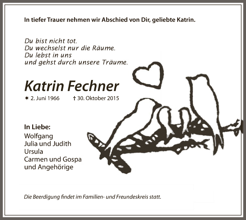  Traueranzeige für Katrin Fechner vom 03.11.2015 aus MZV