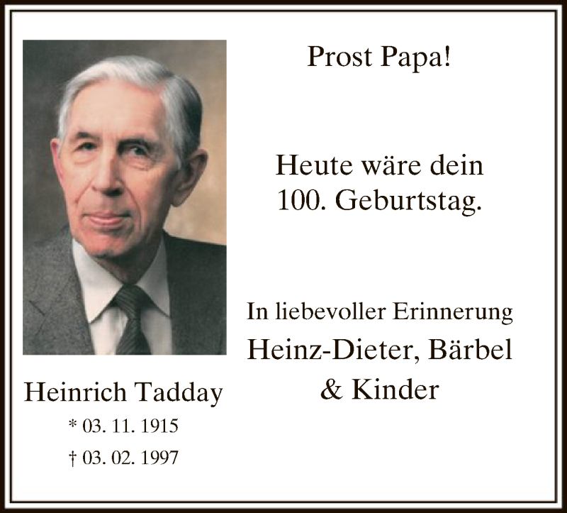  Traueranzeige für Heinrich Tadday vom 03.11.2015 aus MZV