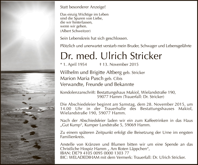  Traueranzeige für Ulrich Stricker vom 21.11.2015 aus MZV